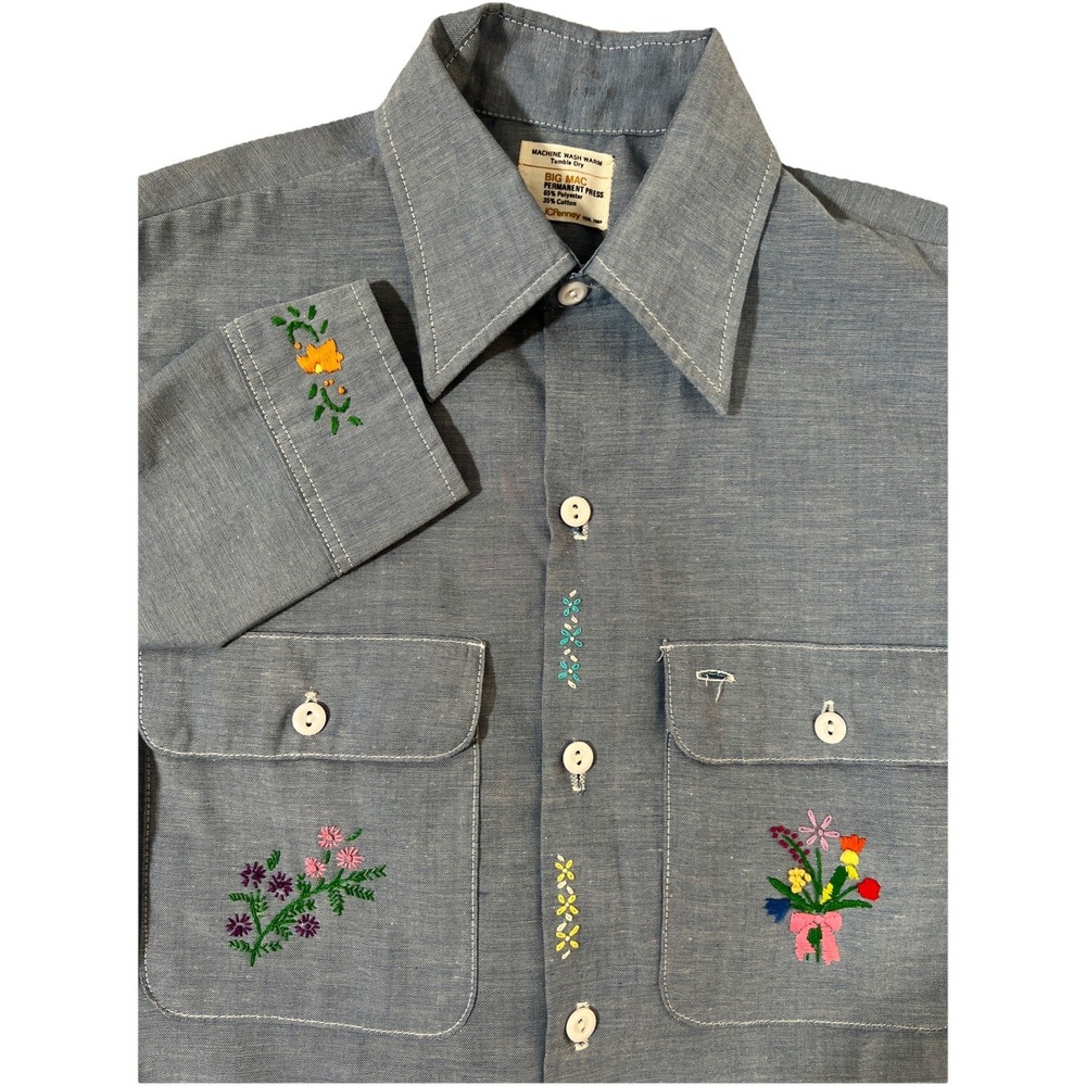 Vintage  70s JC Penney Big‎ Mac Shirt Womens Small Blue Embroidered Cottagecore